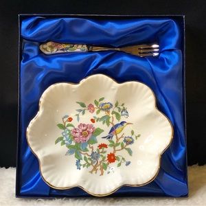 John Aynsley Pembroke (Gold Trim) Individual Dish & Fork Set, Original Gift Box